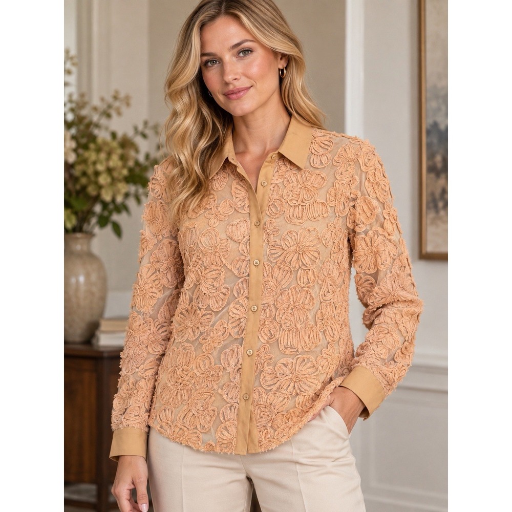 Beige Floral Soutache Embroidered Button Up Blouse  L Semi Sheer Feminine Boho